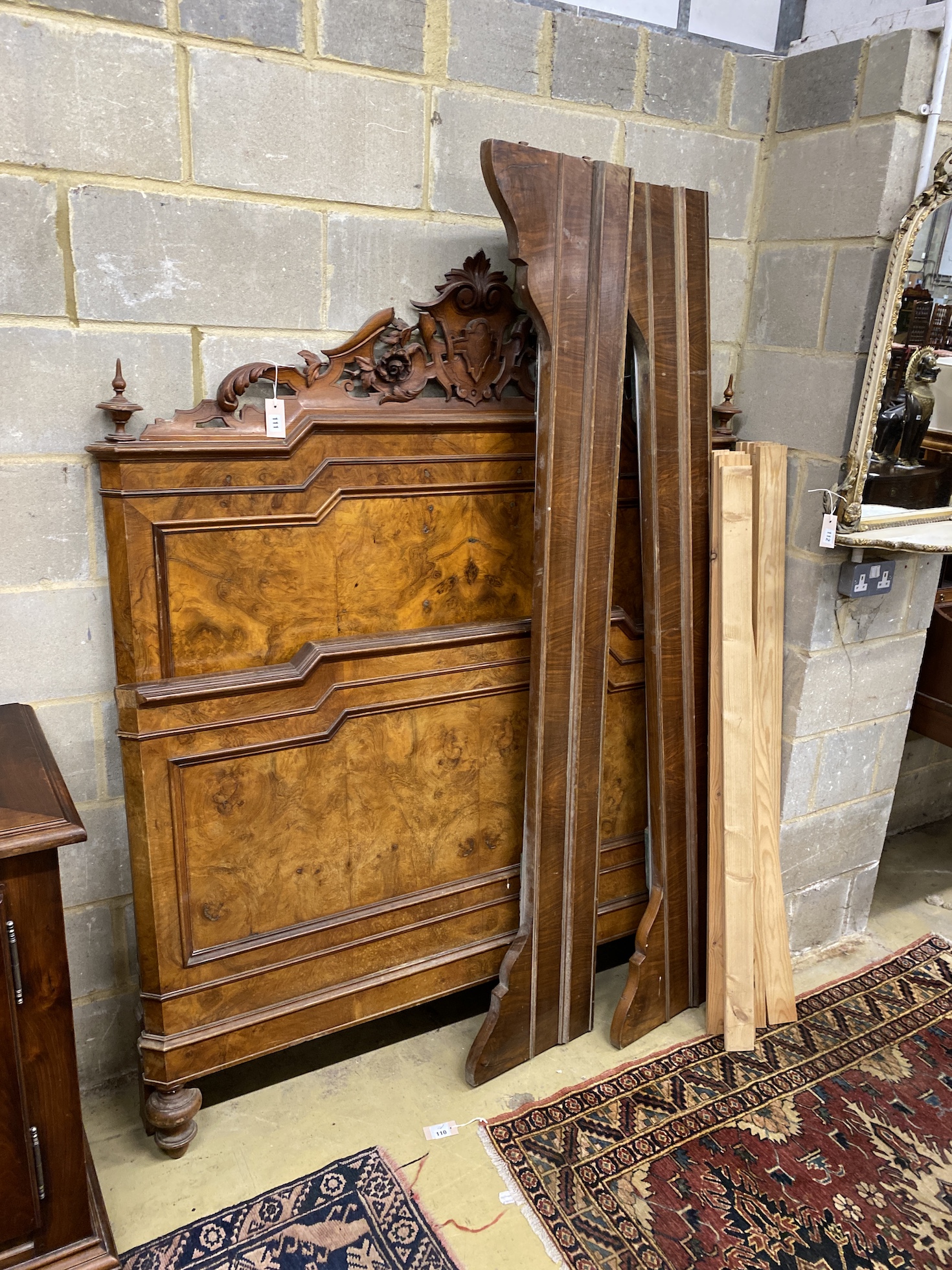 A late 19th century French walnut double bed frame, width 150cm, height 178cm